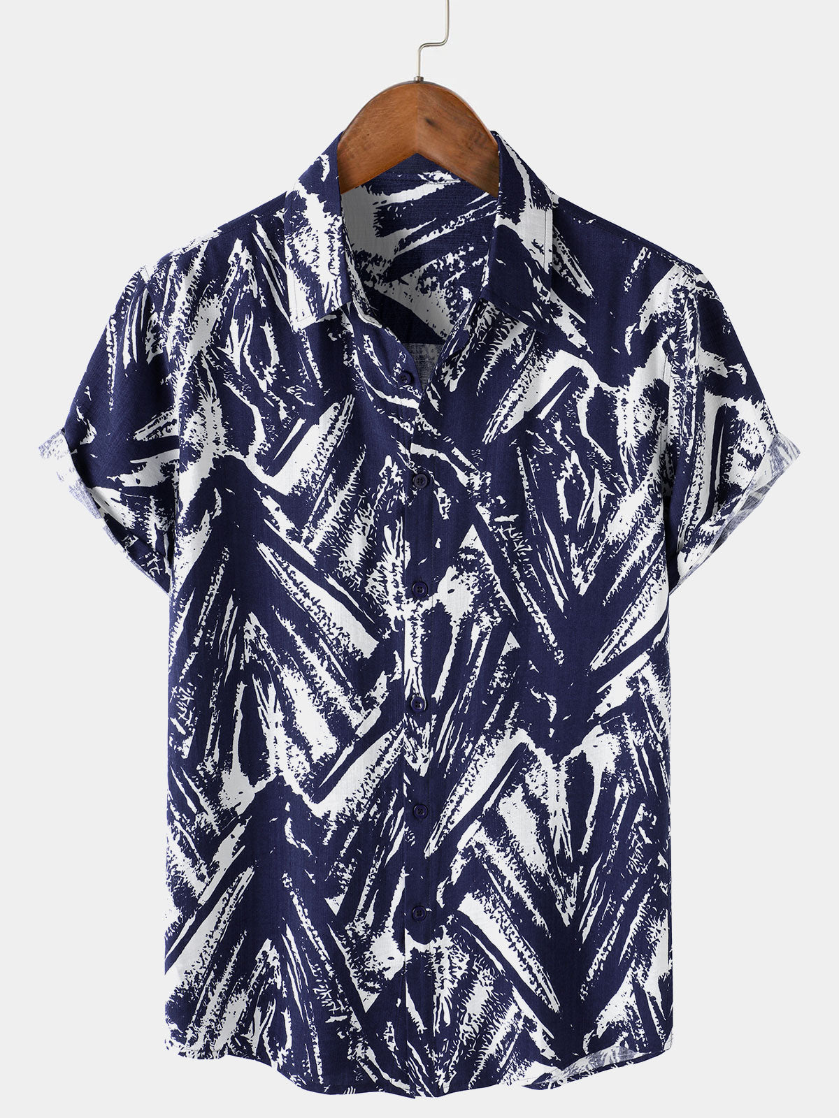 Men's Navy Blue Abstract Geometric Print Short Sleeve Shirt