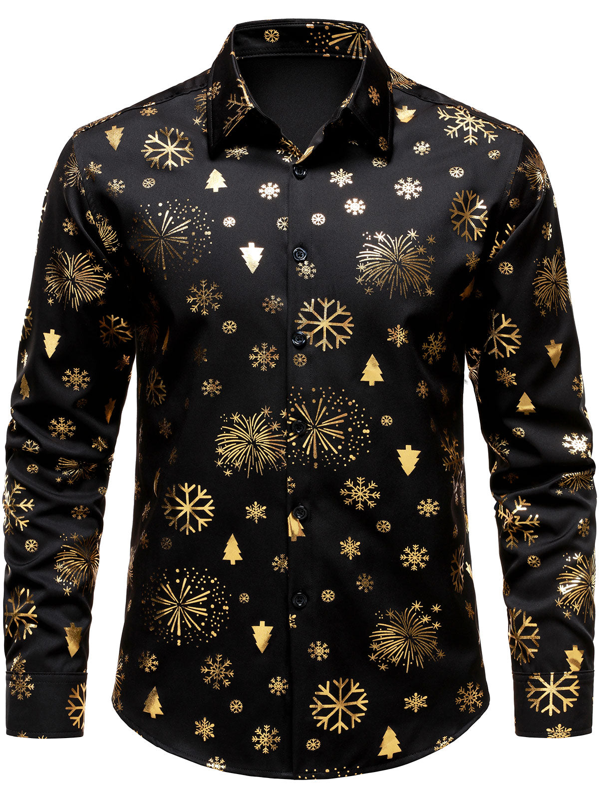 Men's Christmas Shiny Gold Snowflake Tree Fireworks Print Black Holiday Long Sleeve Button Down Shirt