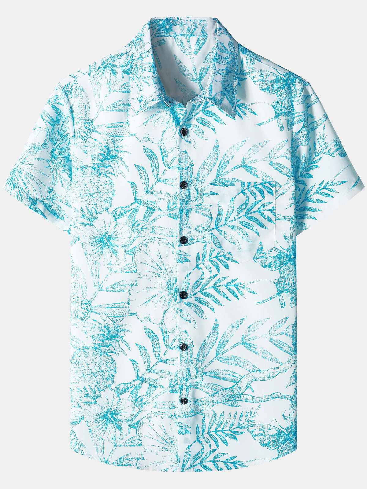 Men‘s Blue Tropical Print Hawaiian Pocket Casual Aloha Shirt