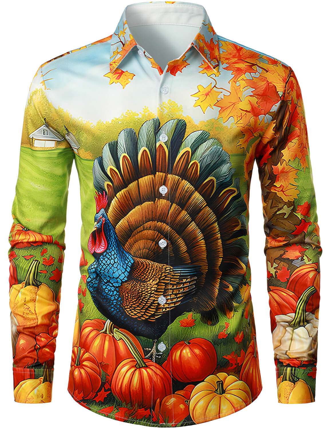Men's Cute Turkey Thanksgiving Fall Festival Gift Pumpkin Holiday Button Ugly Long Sleeve Shirt