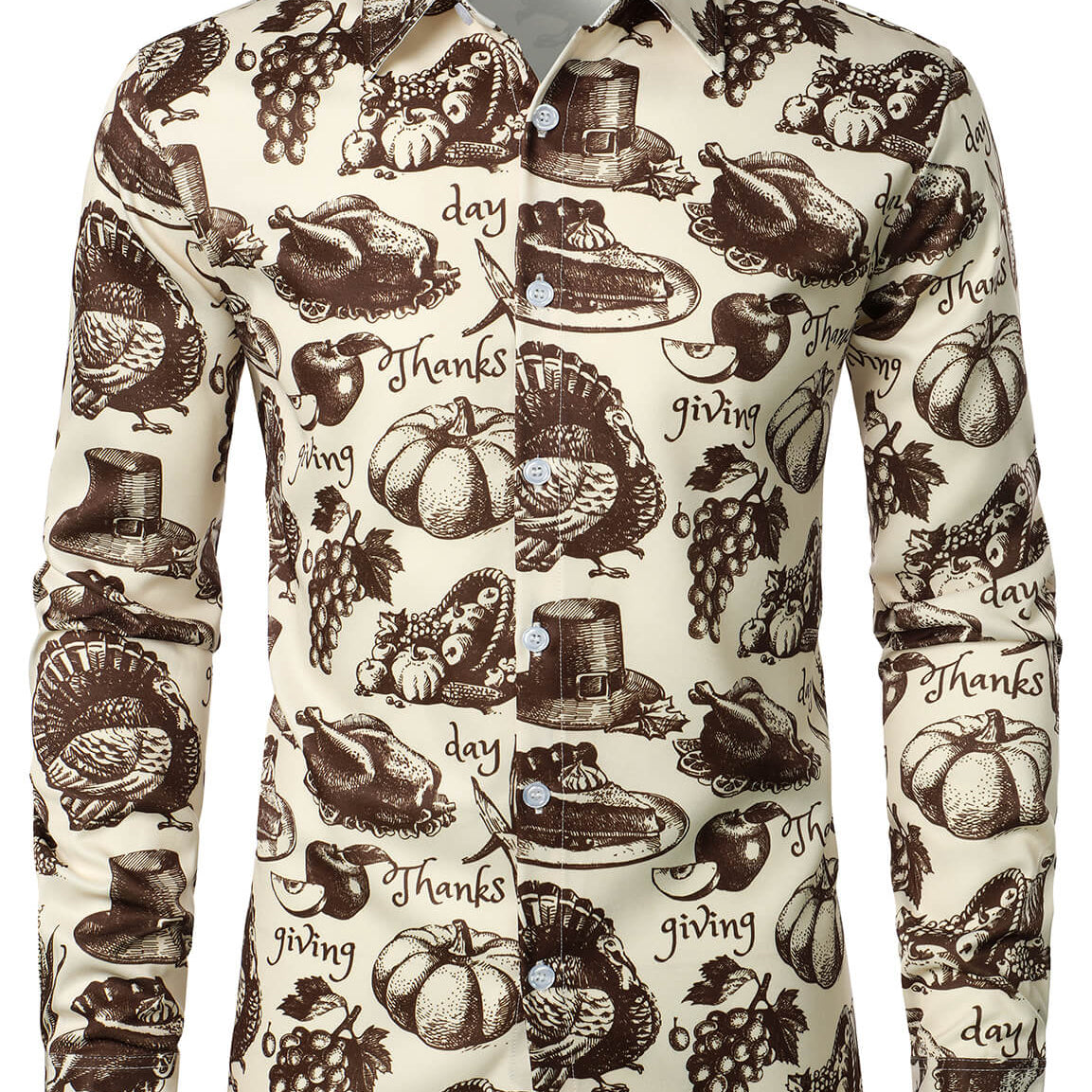 Men's Thanksgiving Fall Festival Gift Funny Turkey Pumpkin Holiday Button Long Sleeve Shirt