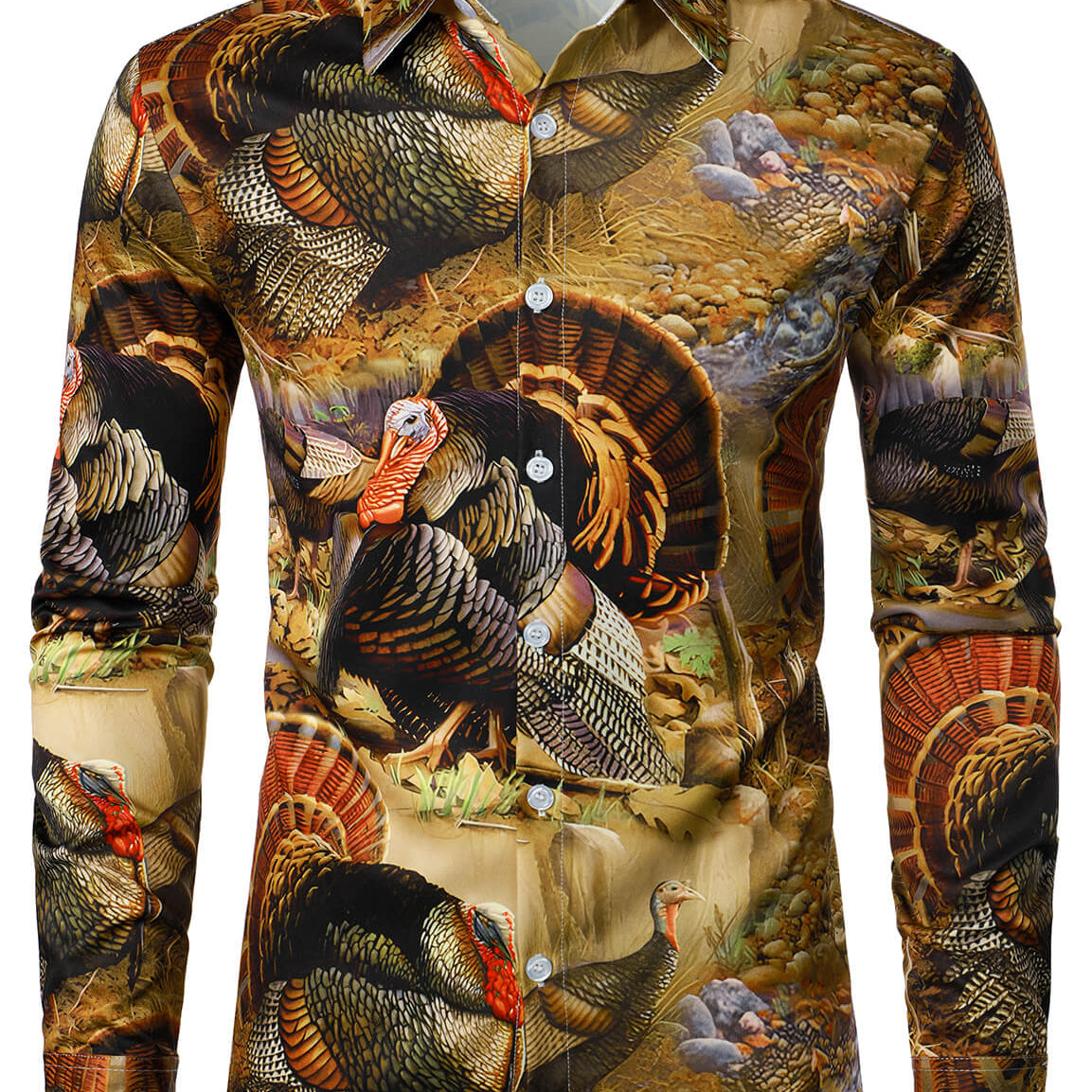 Men's Turkey Thanksgiving Festival Animal Holiday Button Up Long Sleeve Shirt