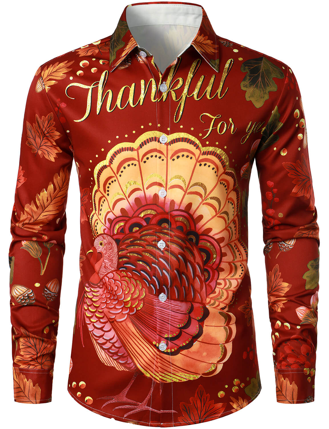 Men's Thanksgiving Festival Turkey Gift Button Burgundy Long Sleeve Shirt