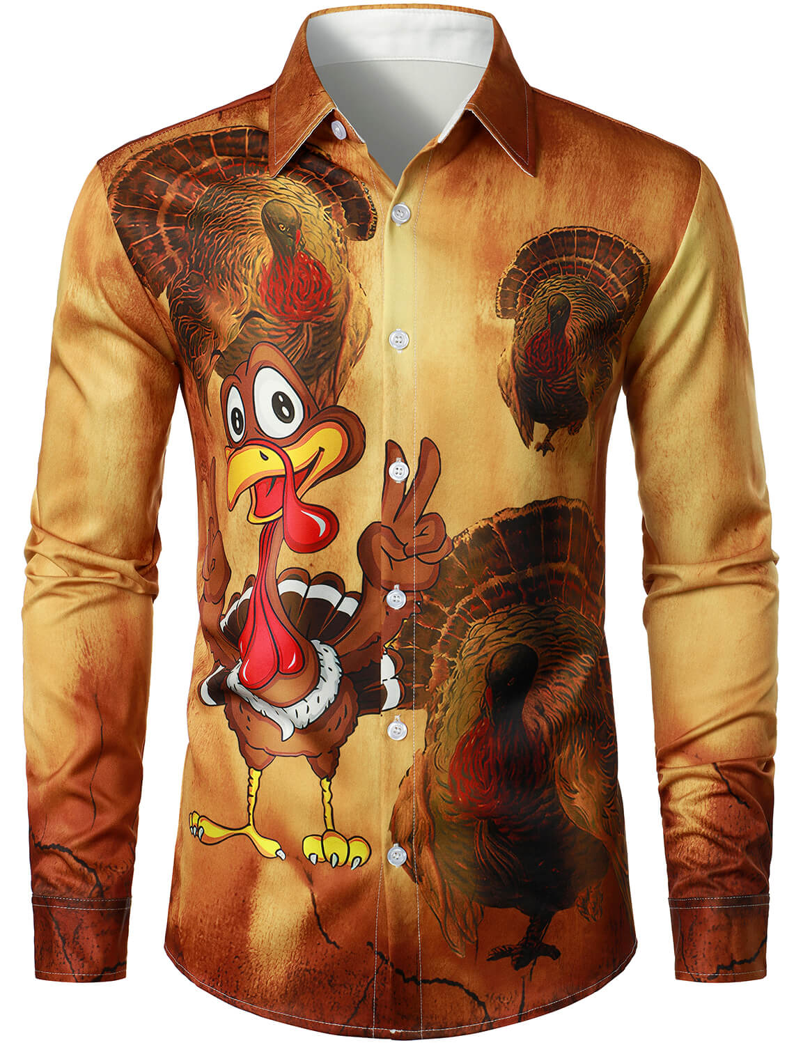 Men's Thanksgiving Funny Turkey Cartoons Print Button Cute Animal Long Sleeve Shirt