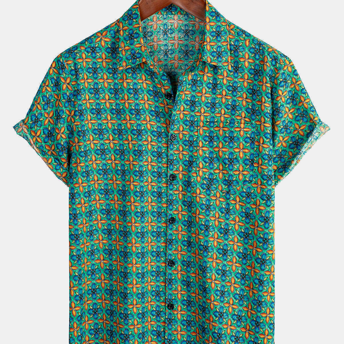 Men's Floral Vintage Short Sleeve Leisure Cotton Button Up Shirt