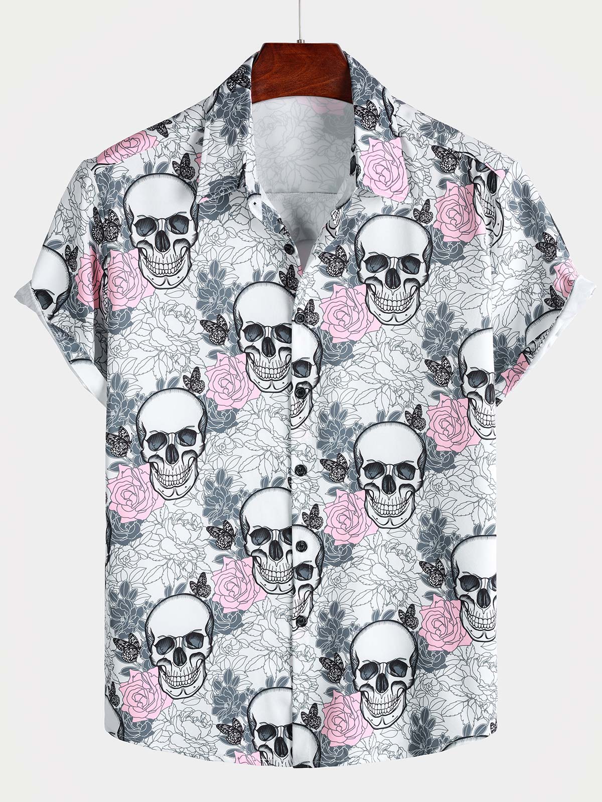 Men's Pink Flower Cool Skull Graphic Button Up Short Sleeve Punk Rock Art Shirt