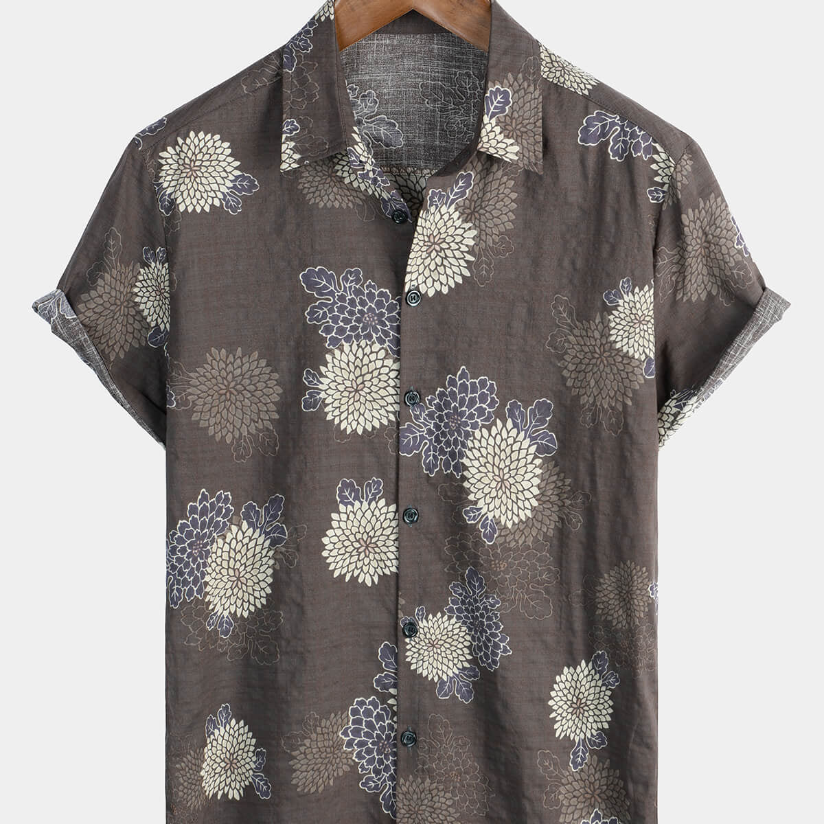 Men's Cotton Brown Floral Vintage Holiday Button Up Summer Shirt