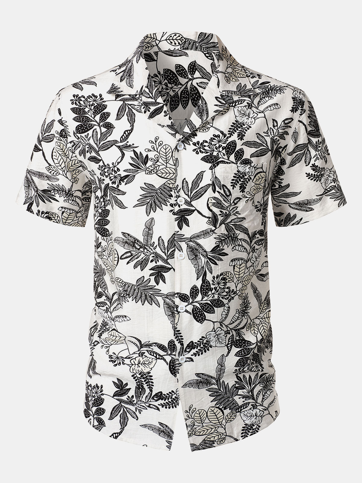Men's White Tropical Leaf Print Casual Hawaiian Shirt