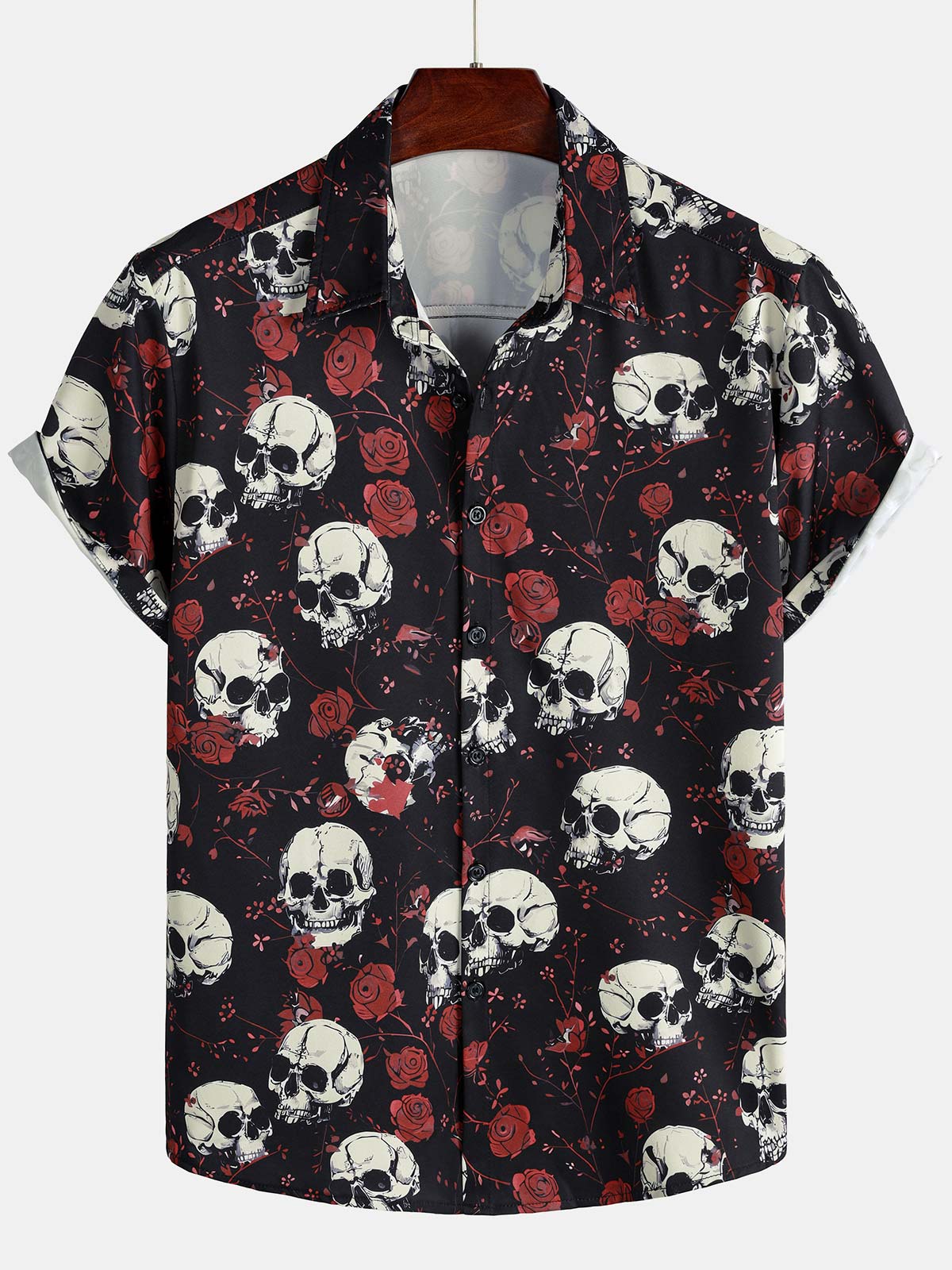 Men's Rose Skull Cool Graphic Button Up Short Sleeve Punk Rock Art Shirt