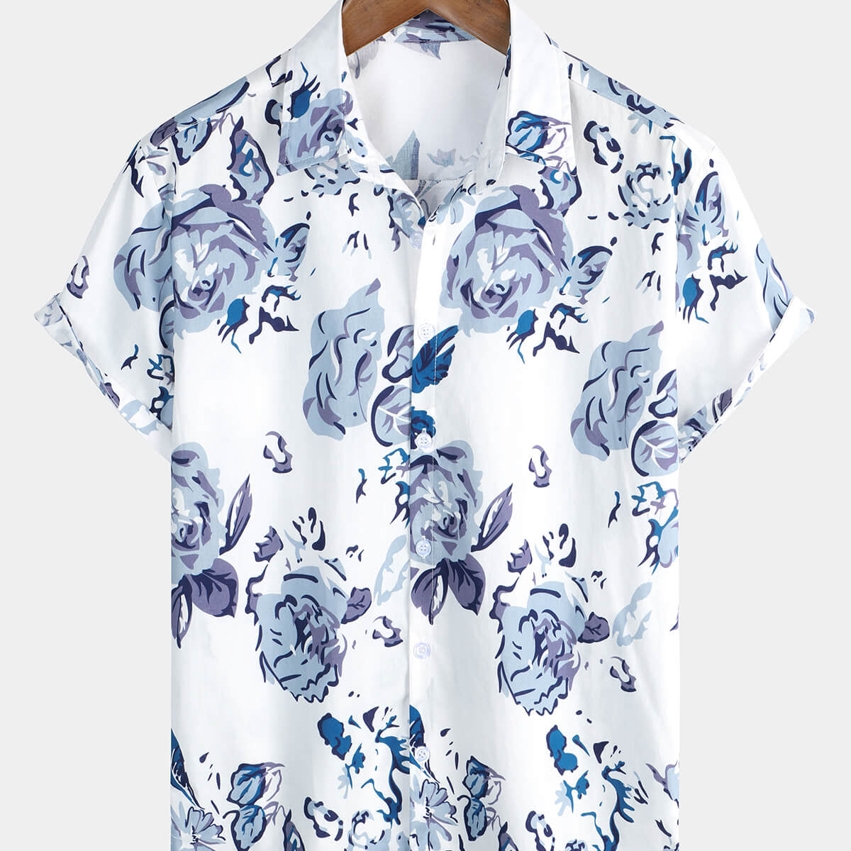 Men's Rose Cotton Beach Blue Floral Button Up Summer Shirt