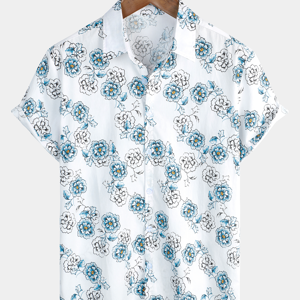 Men's Blue Floral Hawaiian Button Up Summer Shirt