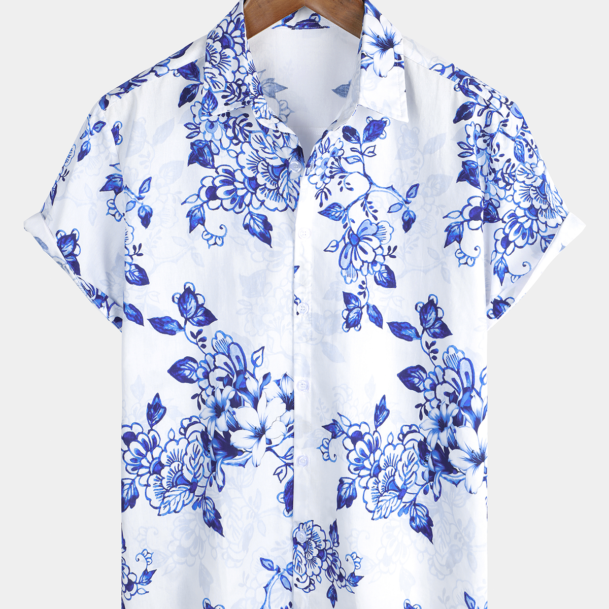 Men's Cotton Beach Blue Floral Hawaiian Button Up Shirt