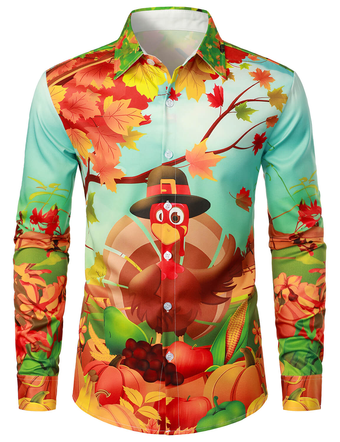 Men's Turkey Thanksgiving Fall Festival Cute Cartoon Holiday Button Up Long Sleeve Shirt