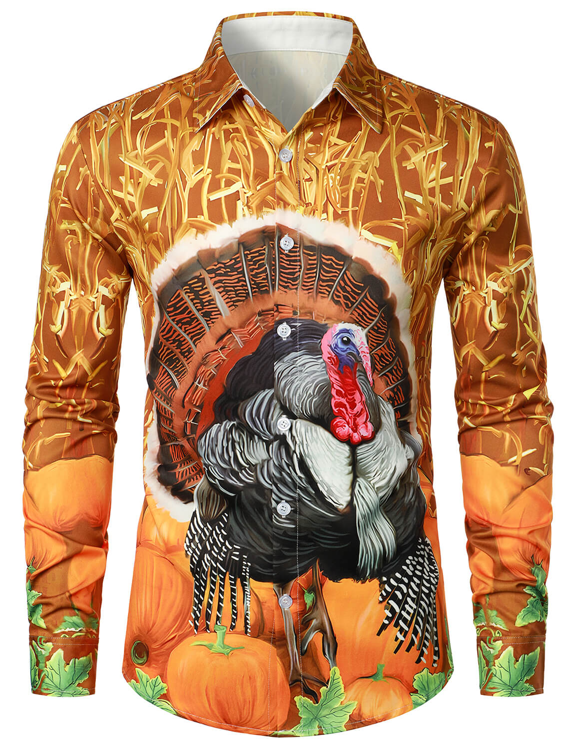 Men's Thanksgiving Pumpkin Turkey Day Button Up Long Sleeve Shirt