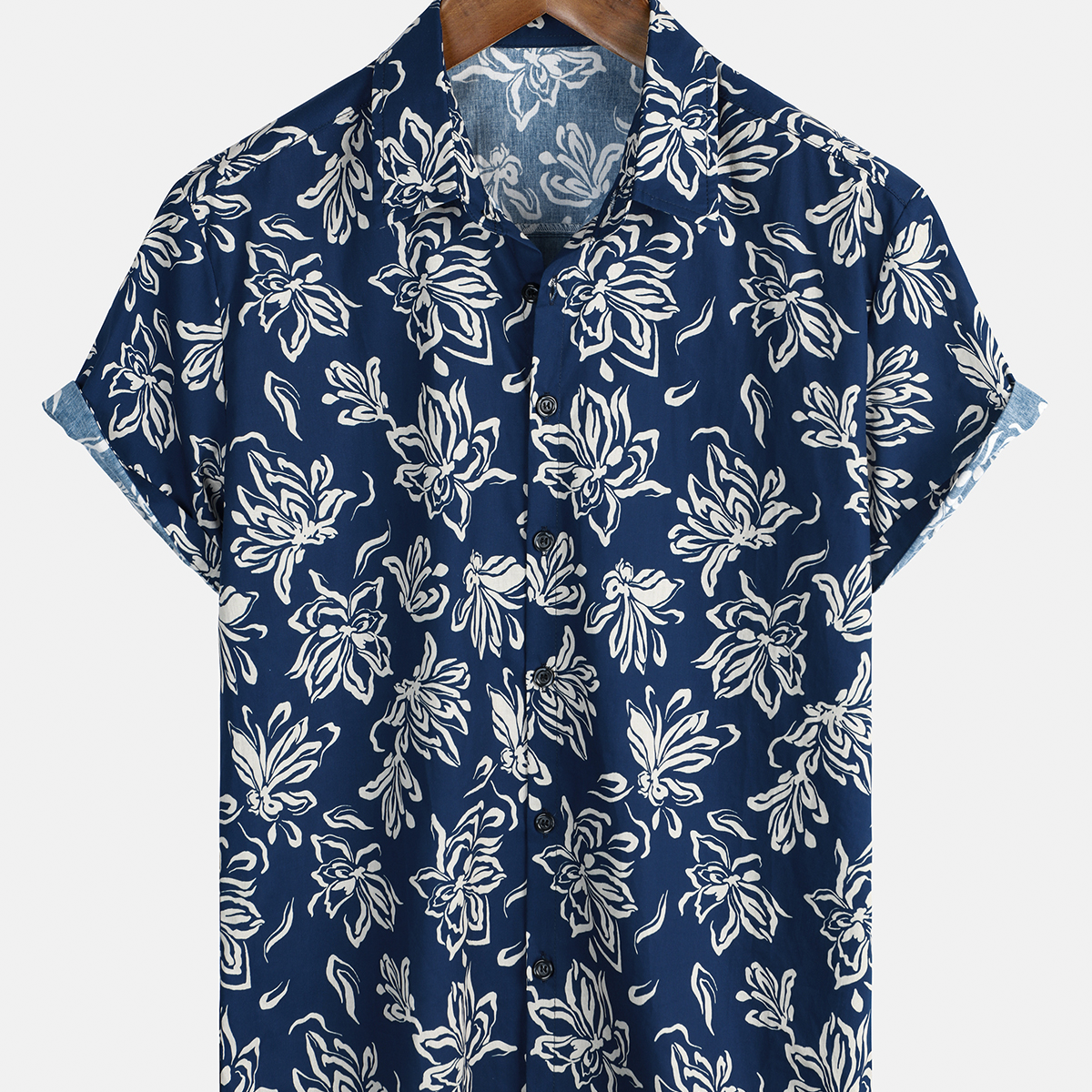 Men's Blue Floral 100% Cotton Hawaiian Button Up Summer Shirt
