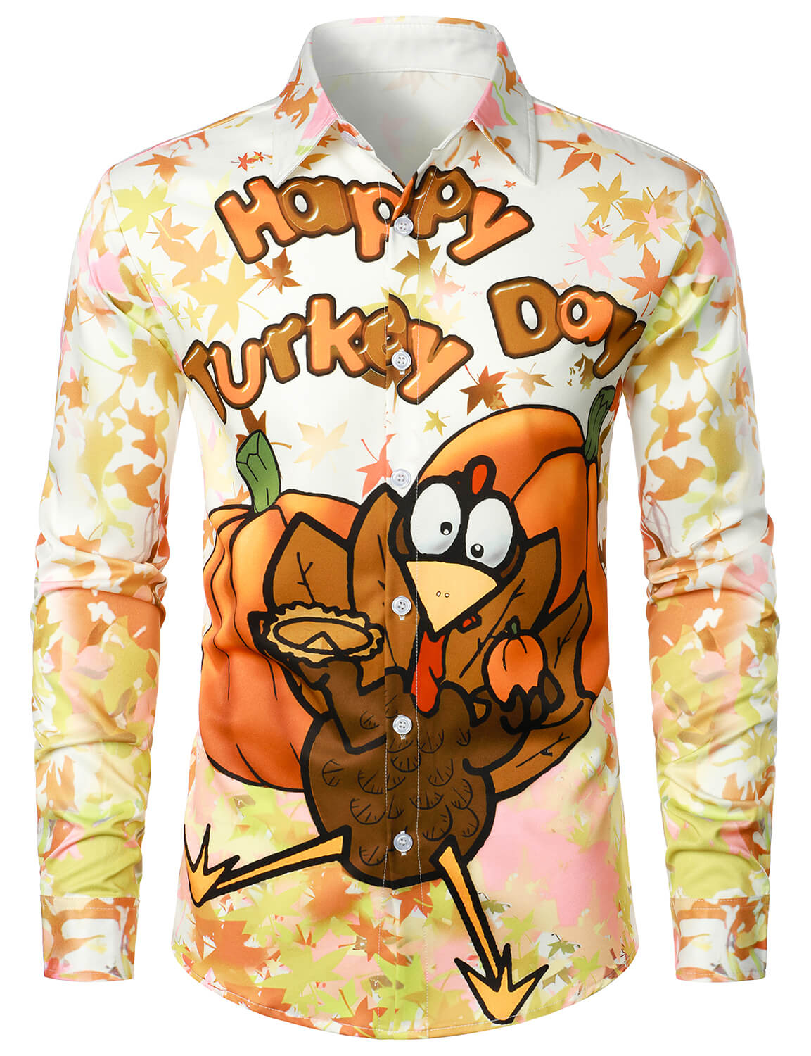 Men's Funny Holiday Happy Thanksgiving Day Cute Cartoon Turkey Day Button Long Sleeve Shirt