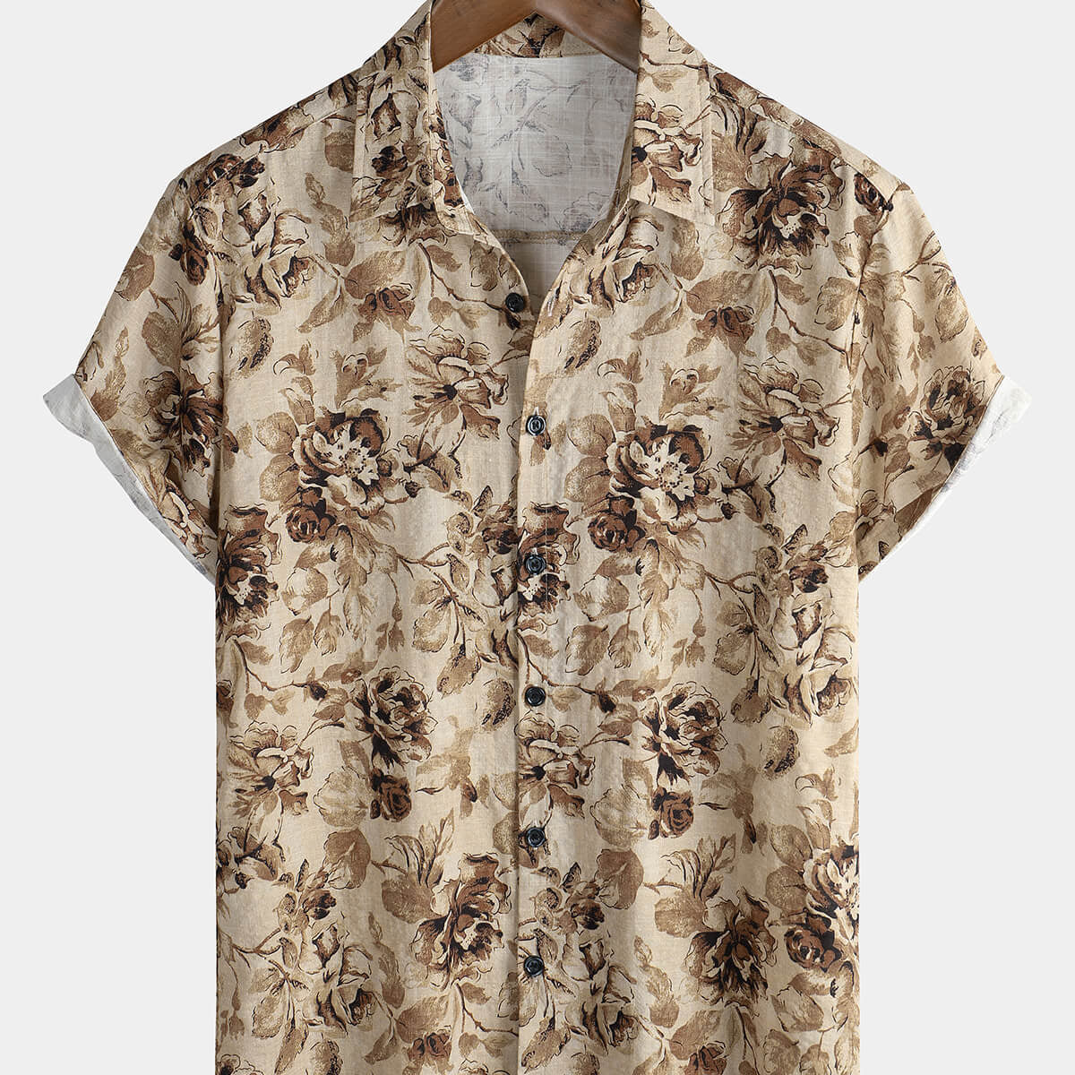 Men's Retro Floral Khaki Cotton Casual Short Sleeve Shirt