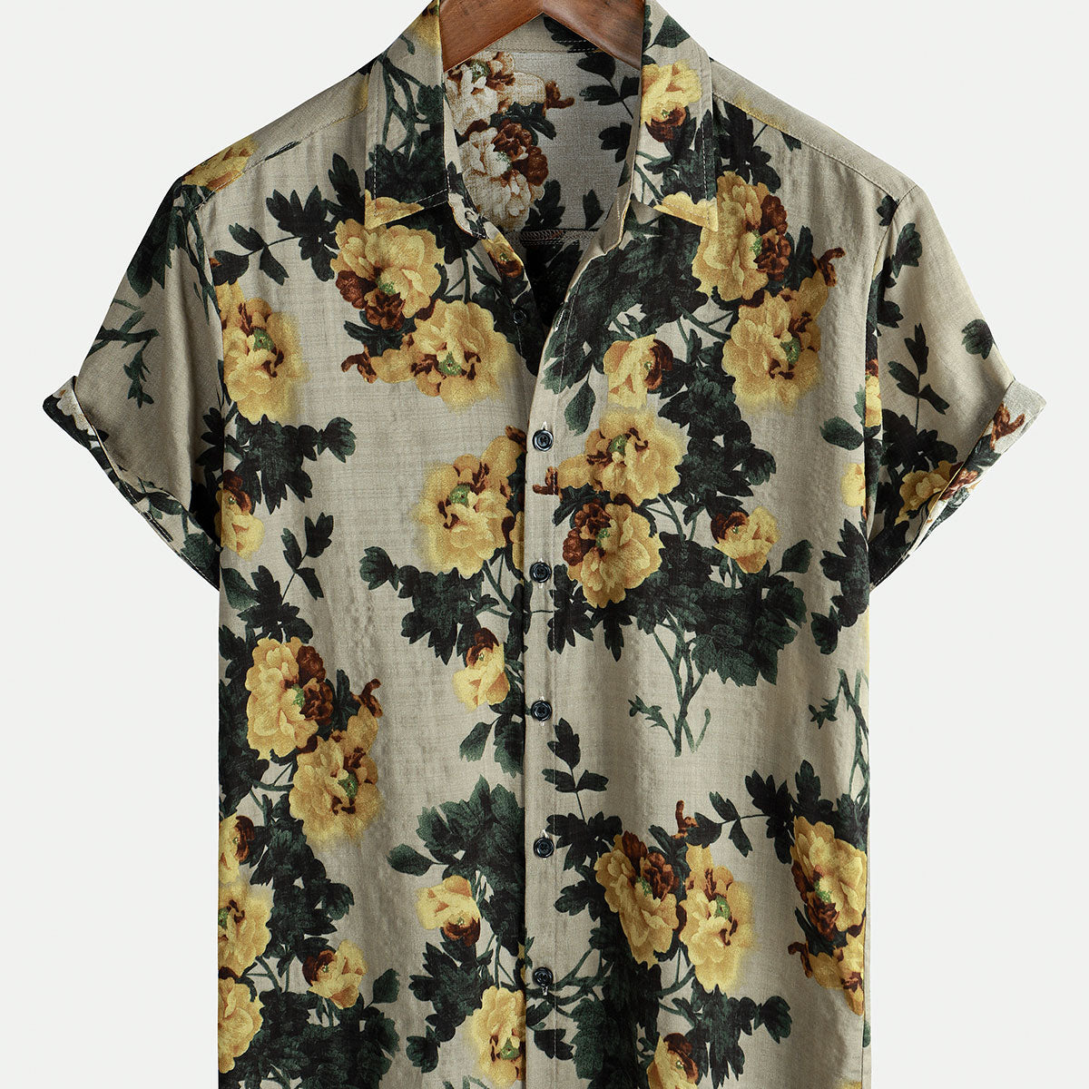 Men's Yellow Floral Vintage Holiday Beach Short Sleeve Button Up Shirt