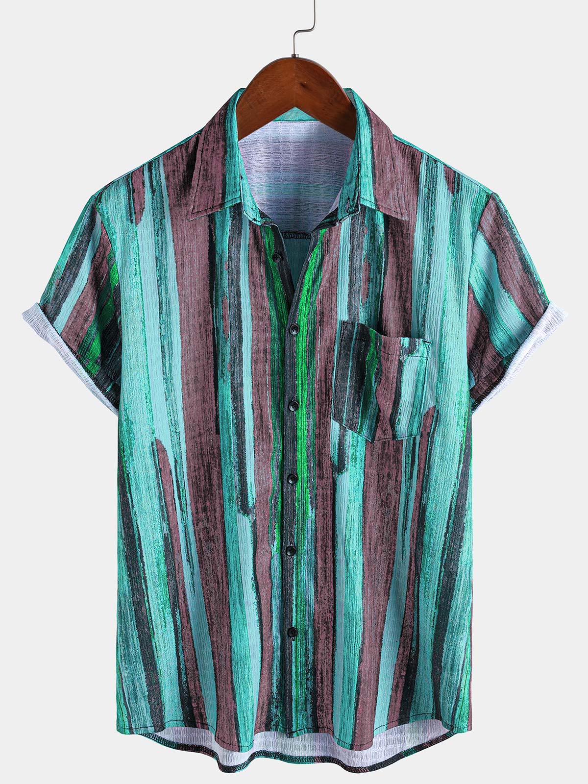 Men's Summer Vintage Green Striped Short Sleeve Shirt