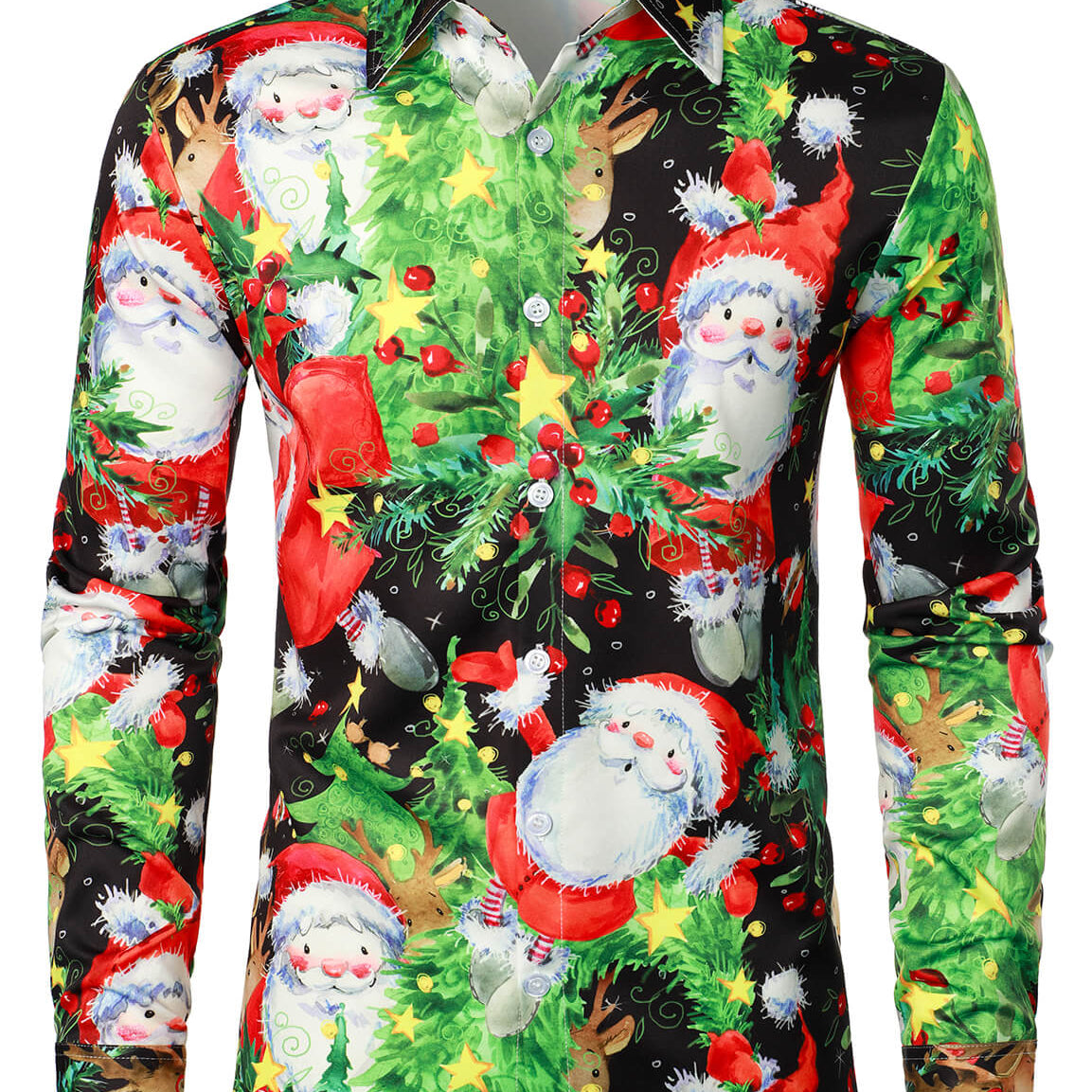 Men's Vintage Santa Reindeer Elk Christmas Tree Holiday Party Long Sleeve Button Up Shirt