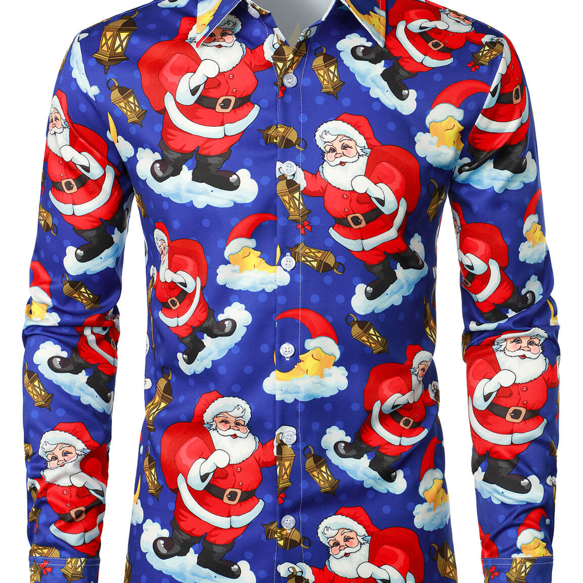 Men's Santa Claus Christmas Button Party Funny Holiday Blue Long Sleeve Shirt