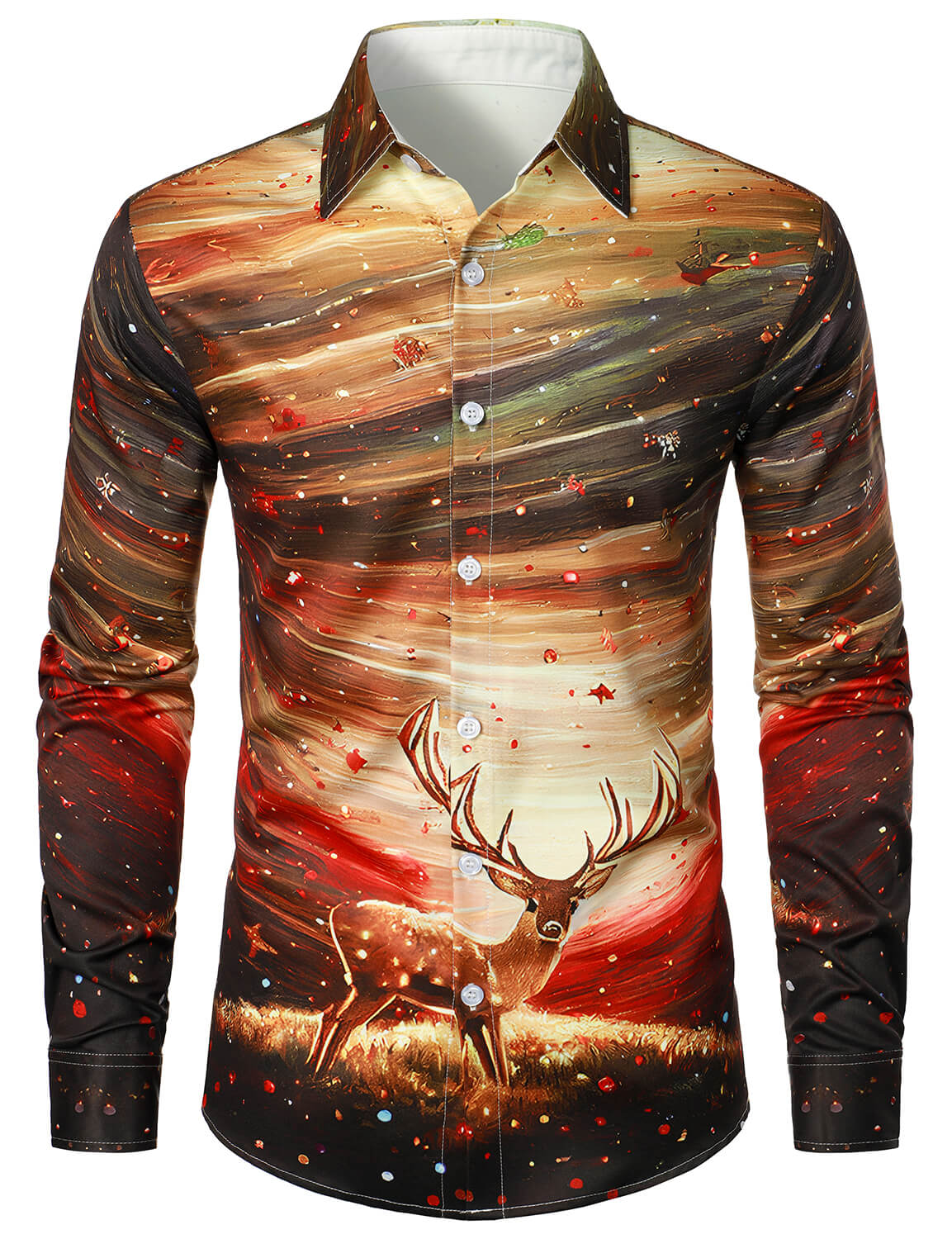 Men's Christmas Reindeer Shiny Print Holiday Button Up Long Sleeve Shirt