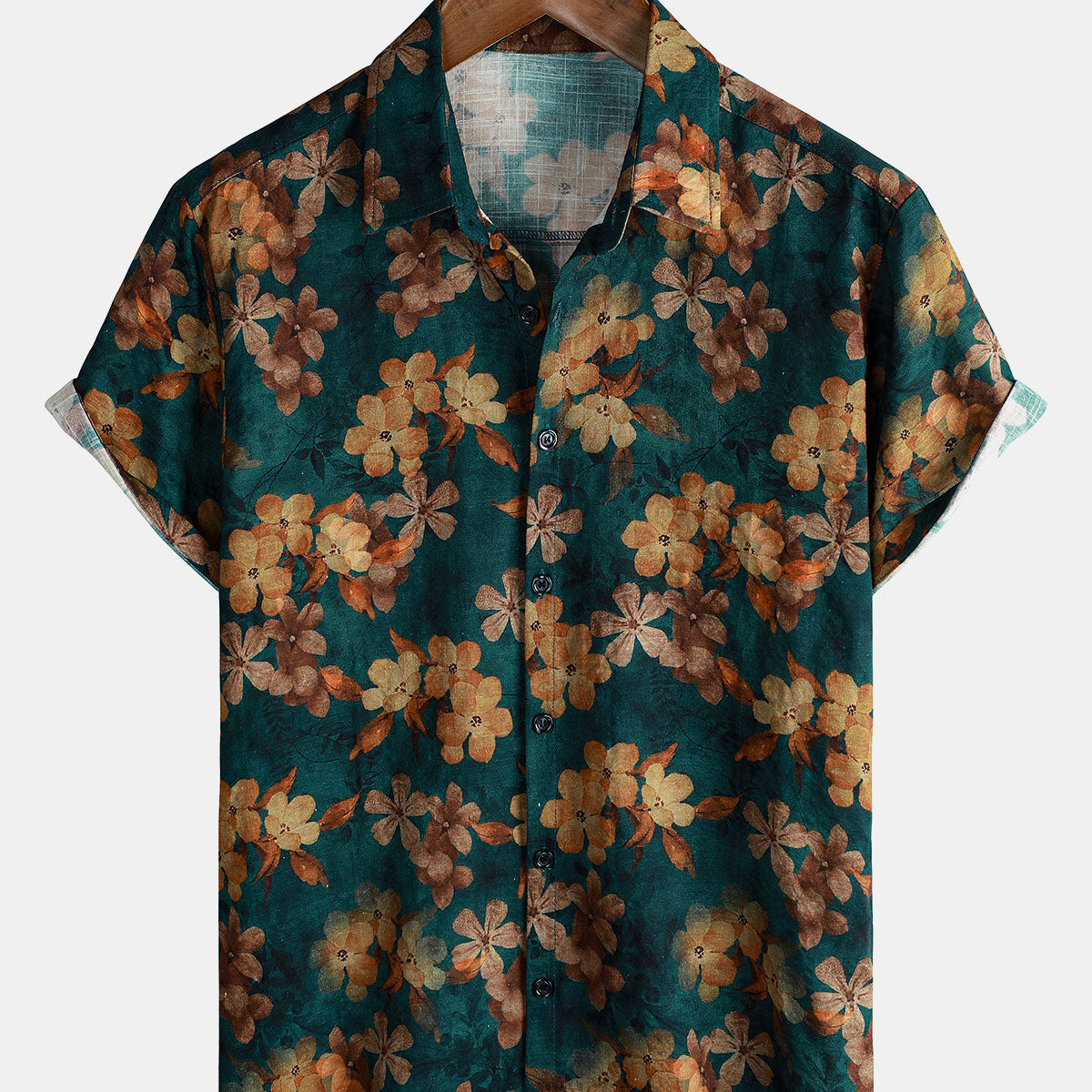 Men's Summer Floral Green Short Sleeve Button Up Shirt