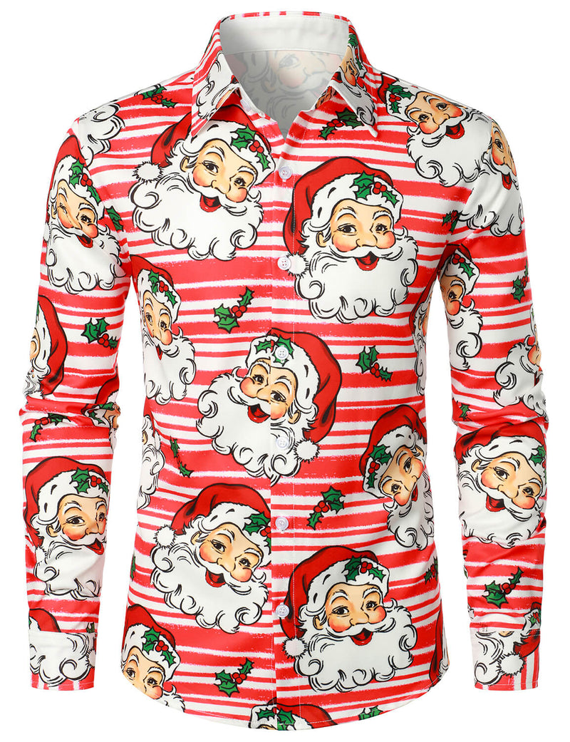 Men's Christmas Santa Claus Holiday Button Up Red Striped Long Sleeve