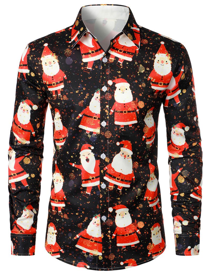 Men's Christmas Cute Santa Print Xmas Holiday Button Up Long Sleeve Shirt