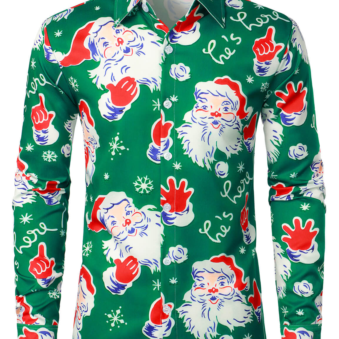 Men's Christmas Themed Santa Claus Snowflake Holiday Button Green Long Sleeve Shirt