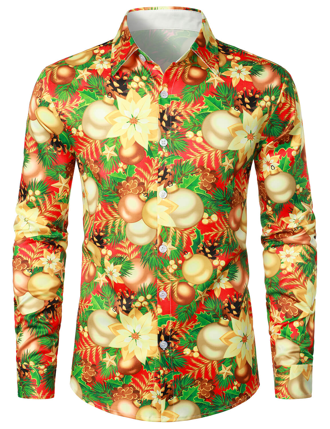 Men's Party Christmas Decoration Floral Print Holiday Shiny Button Long Sleeve Shirt
