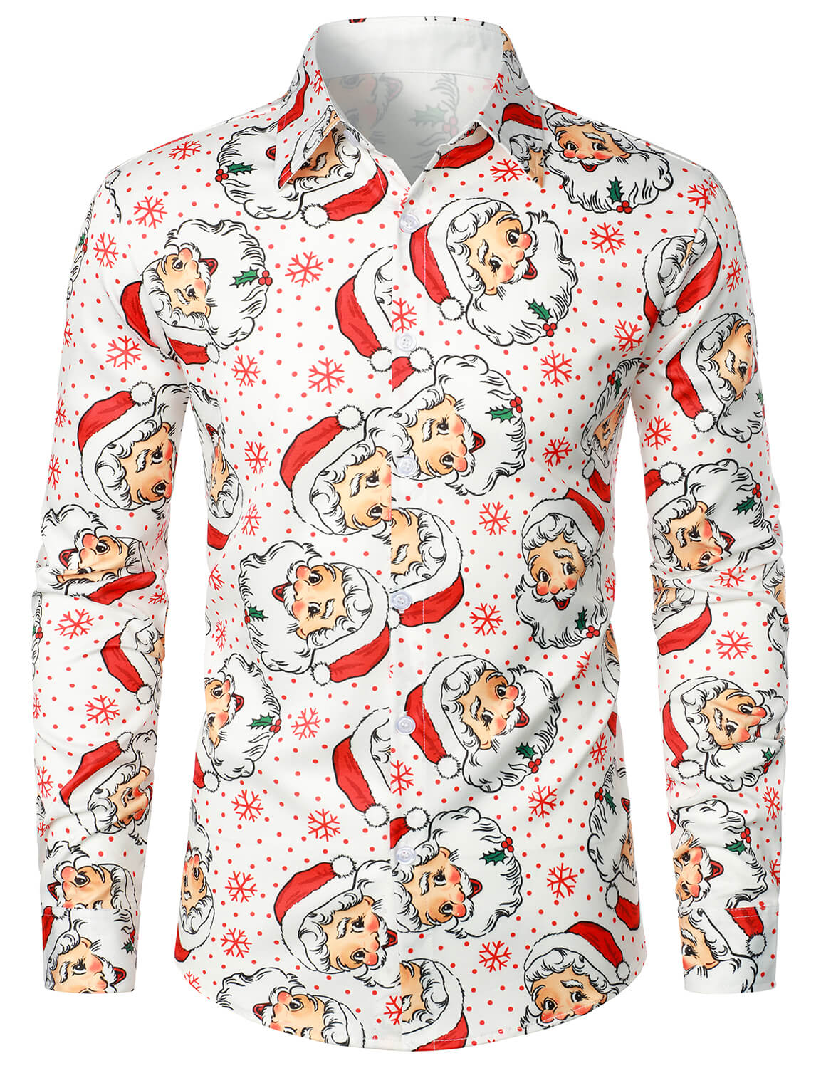 Men's Cute Santa Christmas Print Xmas Party Holiday Button White Long Sleeve Shirt