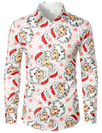 Men's Cute Santa Christmas Print Xmas Party Holiday Button White Long Sleeve Shirt