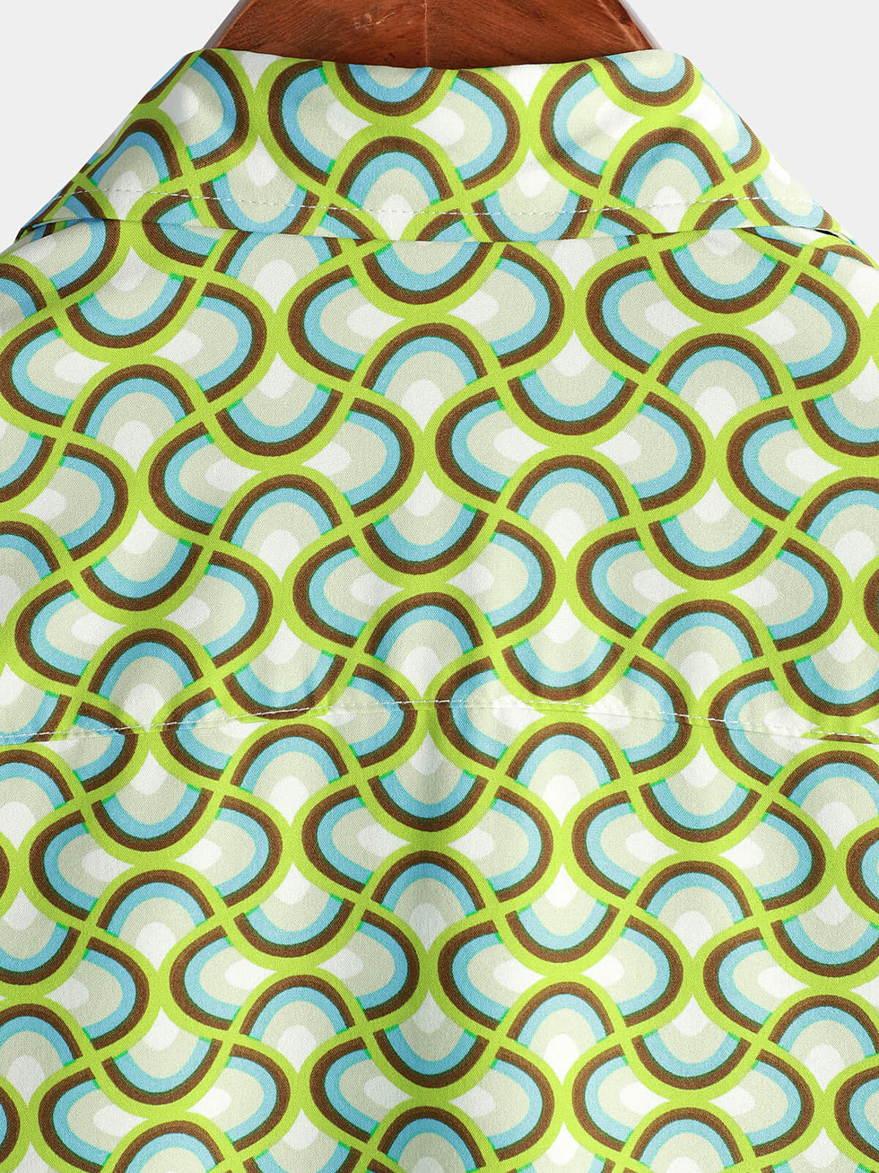 Men Green Tropical Short Sleeves Satin Shirt