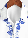 Men's Blue Floral Print Hawaiian Button Up Summer Beach Casual Collar Short Sleeve Shirt