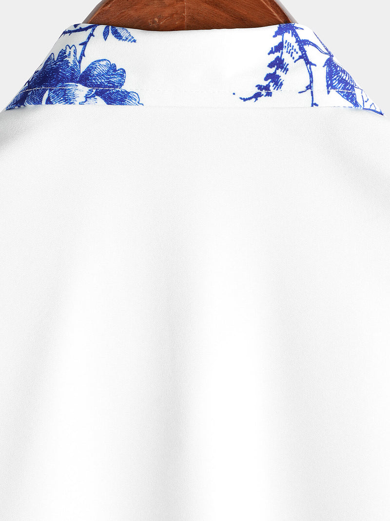 Men's Blue Floral Print Hawaiian Button Up Summer Beach Casual Collar Short Sleeve Shirt