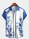 Men's Casual Blue Bamboo Print Hawaiian Button Up Summer Short Sleeve Shirt