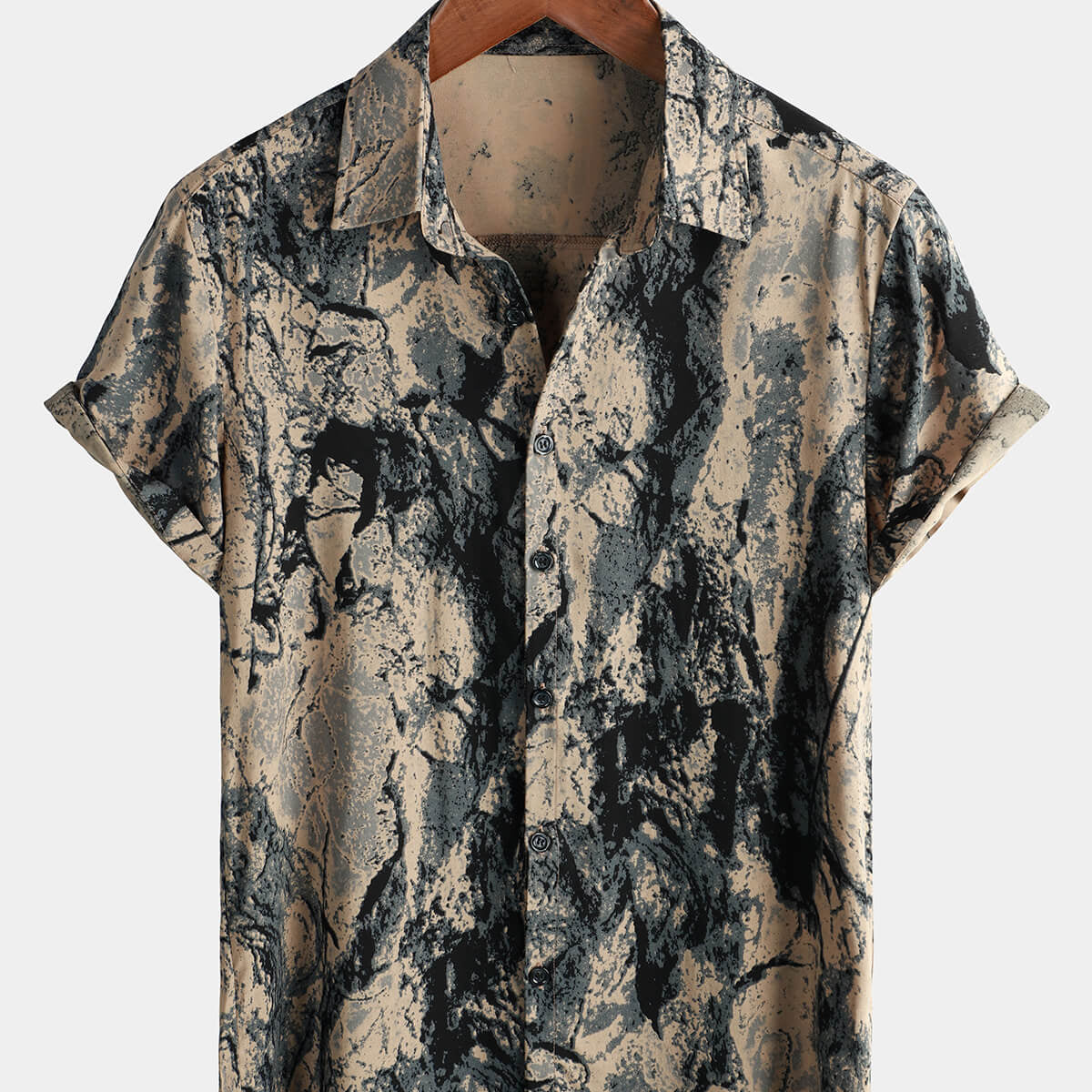 Men's Khaki Retro Art Print Casual Short Sleeve Button Up Shirt