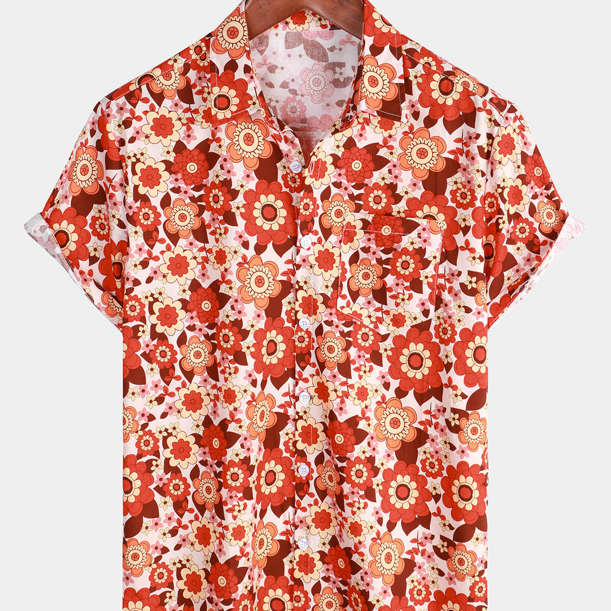 Men's Orange Floral Vintage Beach Holiday Short Sleeve Shirt