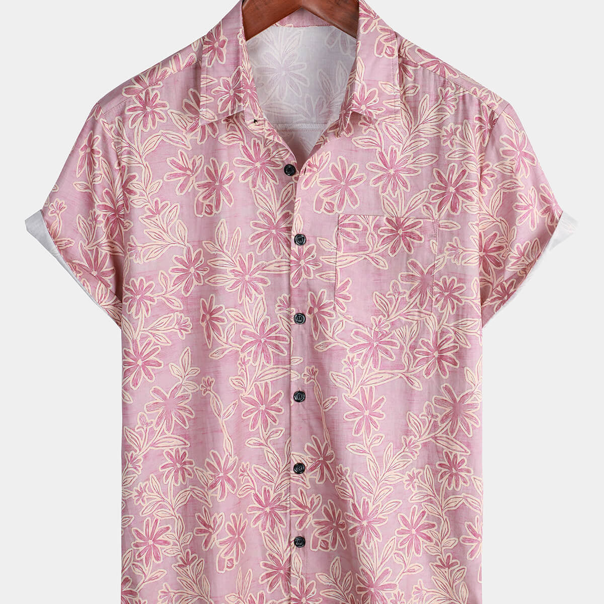 Men's Pink Floral Hawaiian Summer Cotton Short Sleeve Shirt