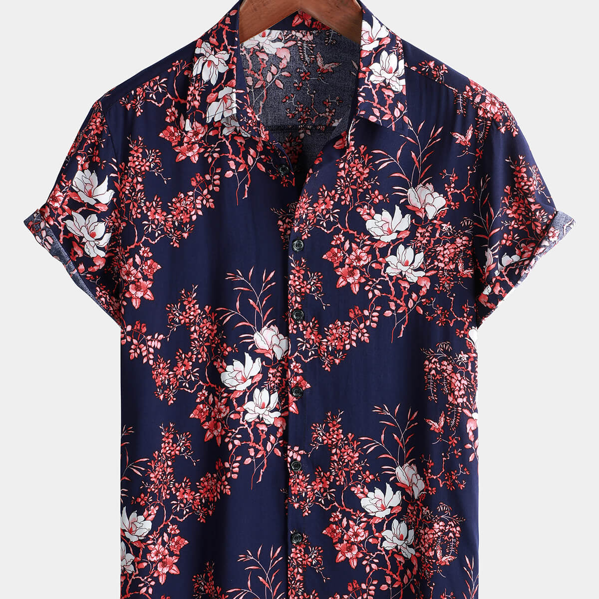 Men's Floral Beach Short Sleeve Navy Blue Hawaiian Shirt