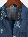Men's Vintage Navy Blue Floral Pocket Button Up Short Sleeve Shirt