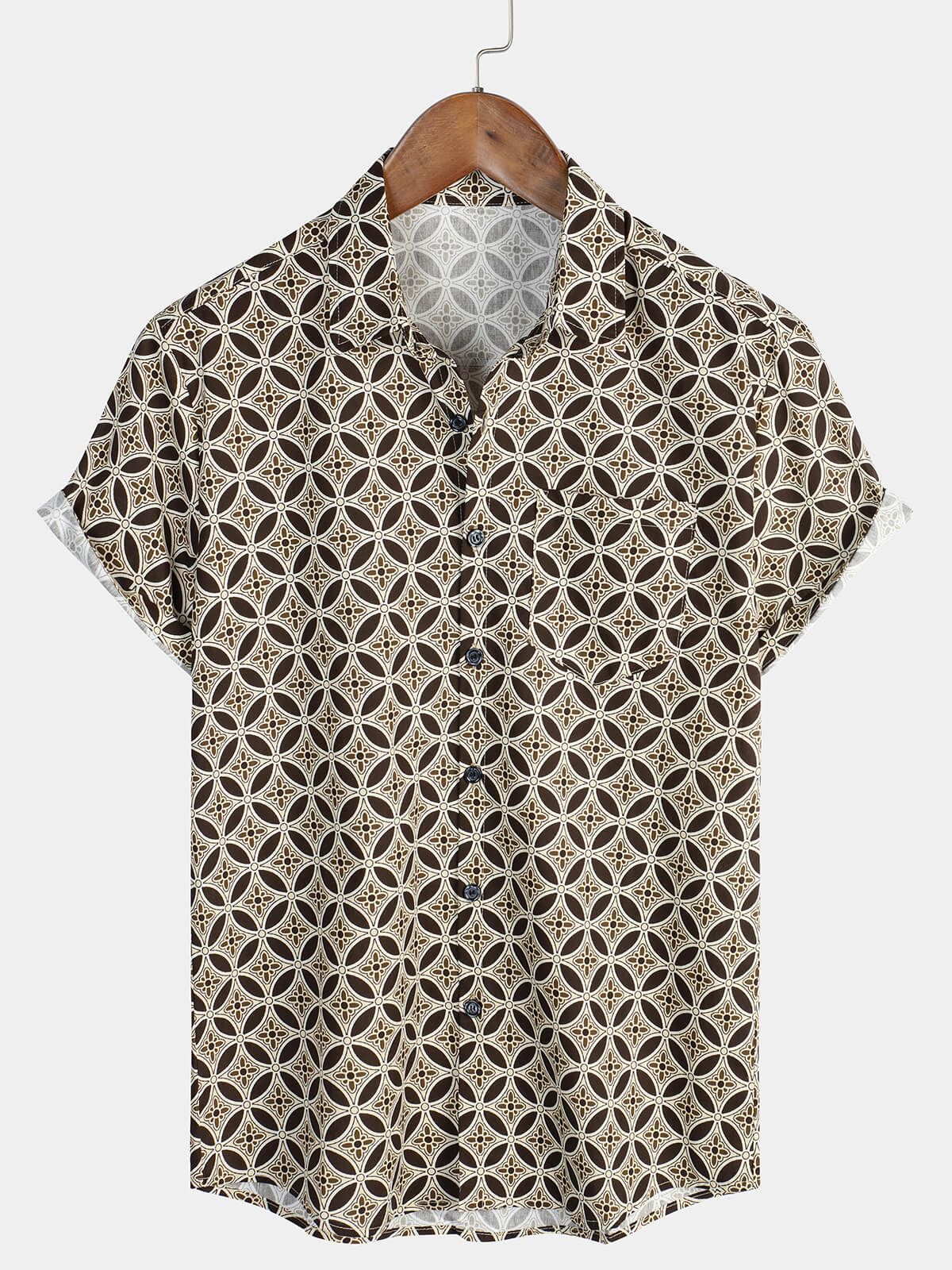 Men's Khaki Geometric Floral Pocket Short Sleeve Shirt
