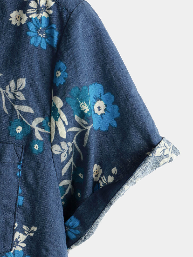 Men's Vintage Navy Blue Floral Pocket Button Up Short Sleeve Shirt