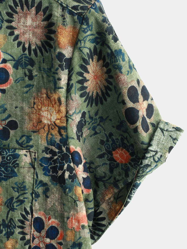 Yellow Floral Retro Print Men's Short Sleeve Shirt