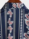 Men's Retro Paisley Navy Blue Striped Floral 70s Vintage Button Up Short Sleeve Shirt