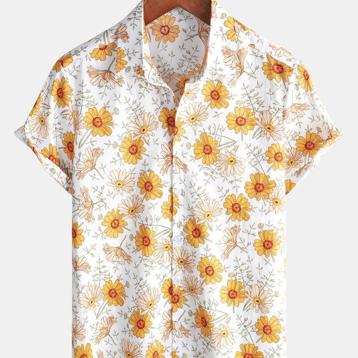 Men's Yellow Daisy Floral Print Cotton Hawaiian Shirt