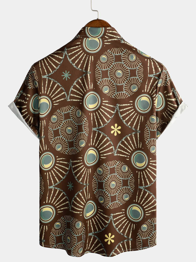 Men's Vintage Brown Abstract Print Ethnic Beach Short Sleeve Shirt