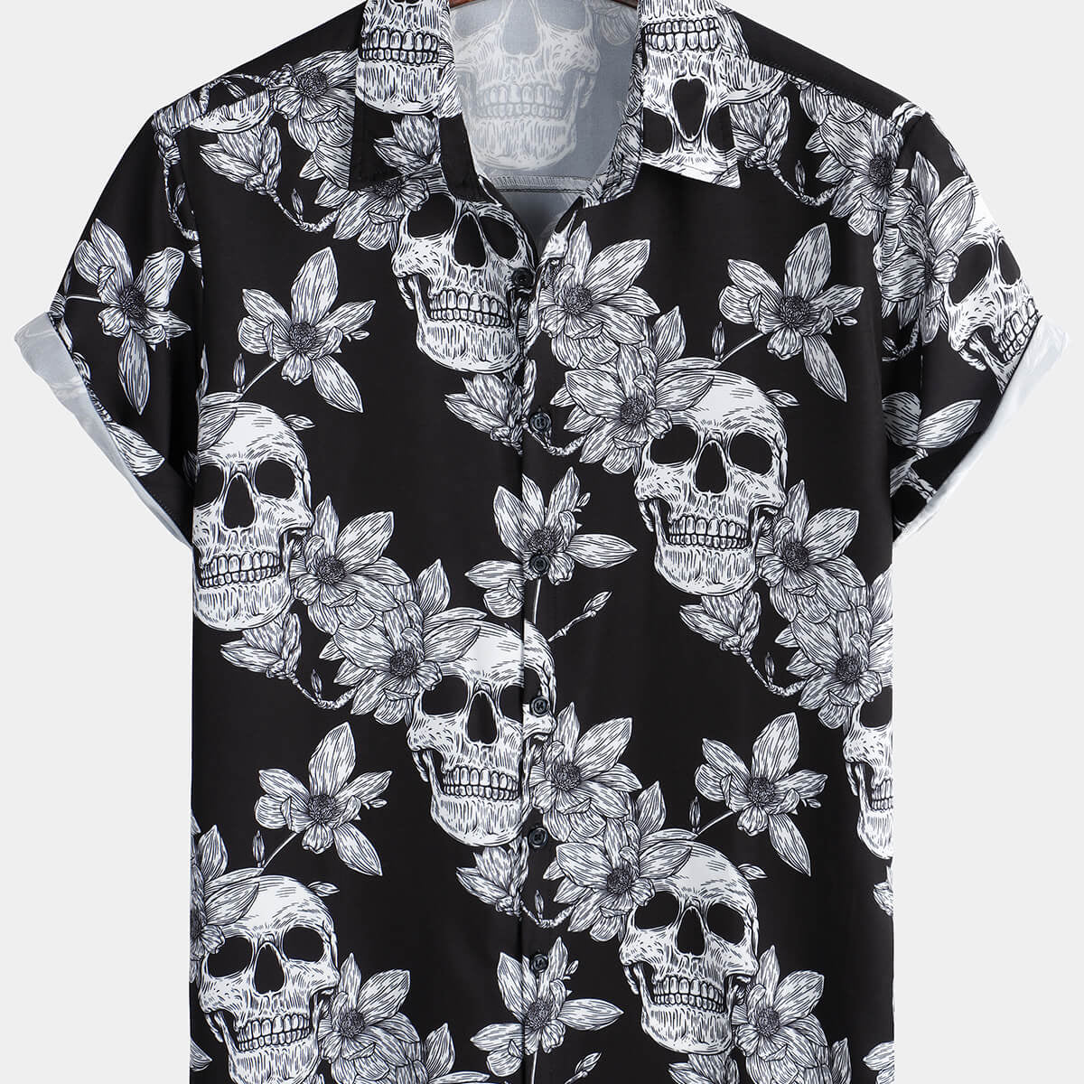 Men's Floral Skull Punk Rock Black Short Sleeve Shirt
