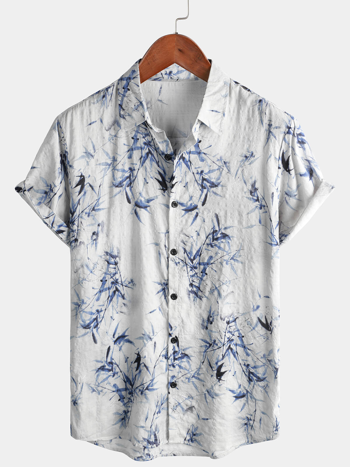 Men's Cotton Bamboo Art Print Button Summer Casual Short Sleeve Light Blue Hawaiian Shirt